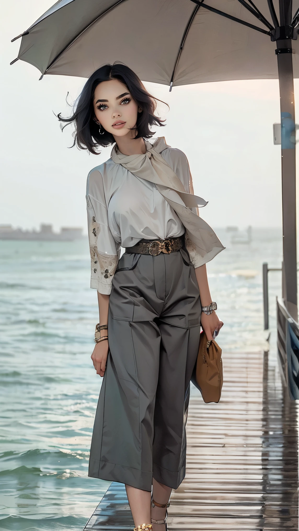 24 year old dark skinned woman、blue eyes、blonde、medium long curly hair、Accessorize your wrist、Scarf Tie Blouse((scarf tie blouse))、loose grey fashionable pants, short hair, at the sea side, sandals, umbrella, rain