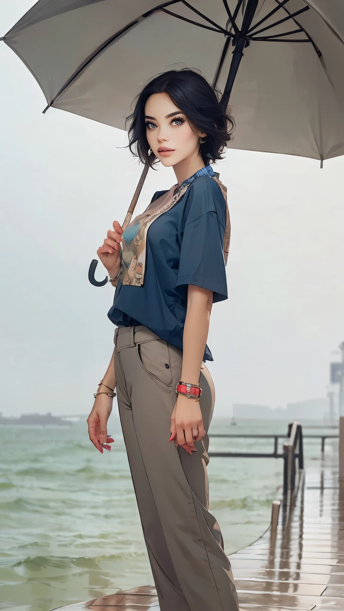 24 year old dark skinned woman、blue eyes、blonde、medium long curly hair、Accessorize your wrist、Scarf Tie Blouse((scarf tie blouse))、loose grey fashionable pants, short hair, at the sea side, sandals, umbrella, rain