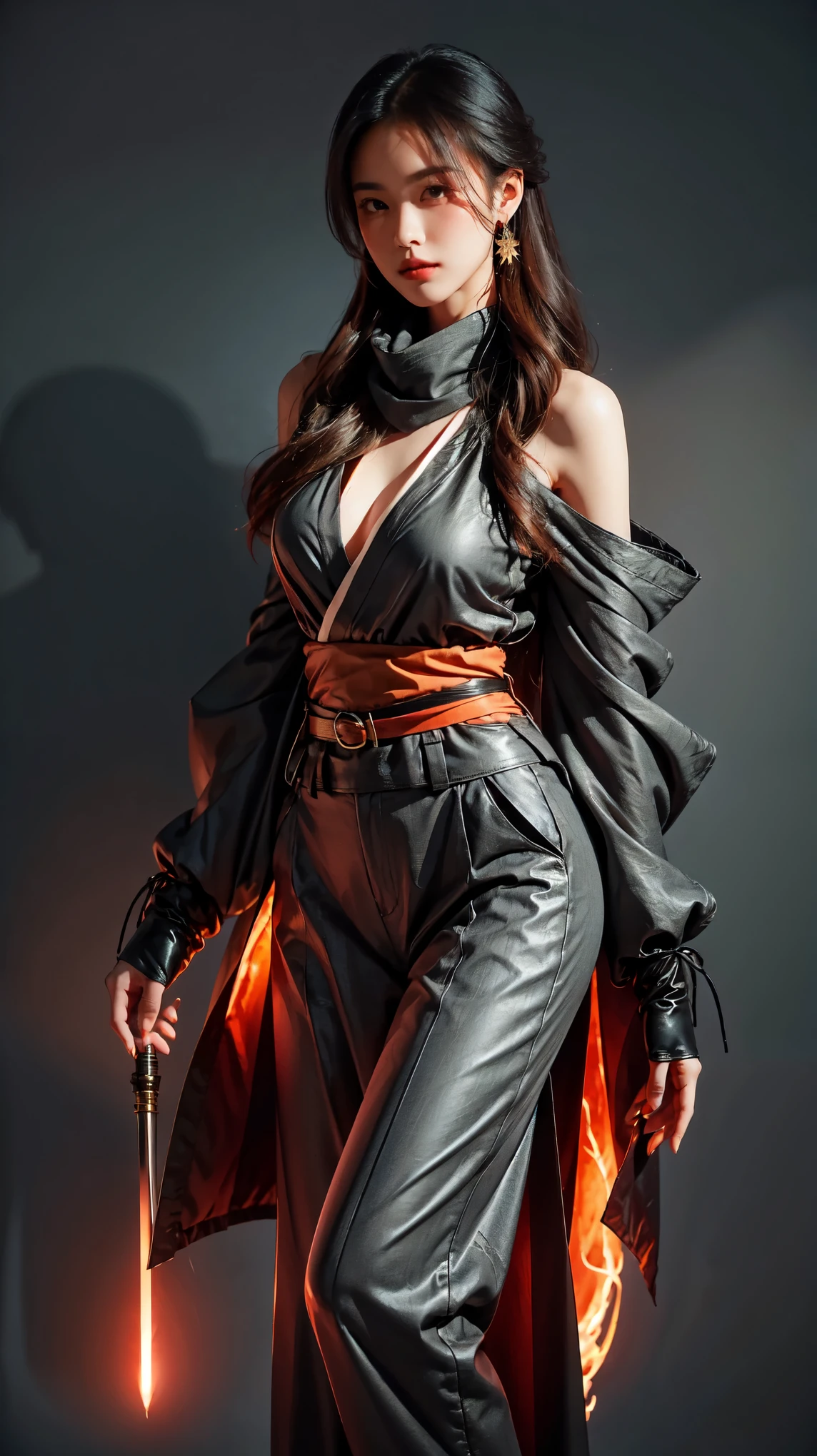 A woman with long messy black hair and brown eyes eith fair skin, looking aloof and glaring.She wears gray short-sleeved kimono;black haori pants with maple leaf designs; black sandals with black tights and black leg plating; Half of her haori coat is worn normally on her left arm, with a flowy orange sleeve decorated with orange & red maple leaves, while the other half is draped behind her; secured by an obi belt on top.Wears a black & red scarf with gold accents, a slanted belt that goes under her right arm & over left shoulder, where her Cryo Vision is pinned behind, near samurai shoulder plating.wears black glove plates that protect the backs of her hands & left forearm; right hand is bandaged, to protect against injuries from constant sword use undefined, undefined, undefined, undefined, undefined,