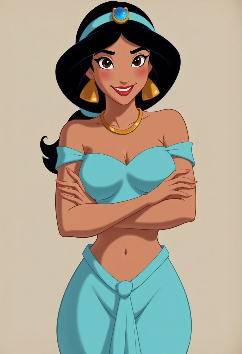 1girl, Arabian woman, brown skin, black hair, red lips, brown eyes, ponytail hair, turquoise headband with sapphire, golden earrings, golden necklace, sky blue bedlah top, sky blue matching salwar pants, smiling, crossed arms, upper body, happy face, looking at viewer