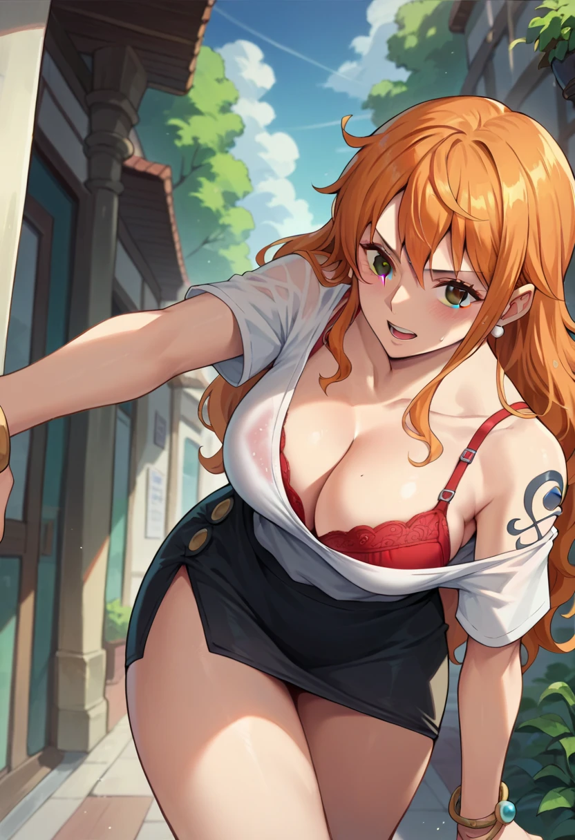 nami_post, orange hair, long hair, wavy hair, side locks, brown eyes, large breasts, shoulder tattoo, groin, bracelet, bangle, white shirt, black pencil skirt, bra peek, CLEAVAGE, red bra