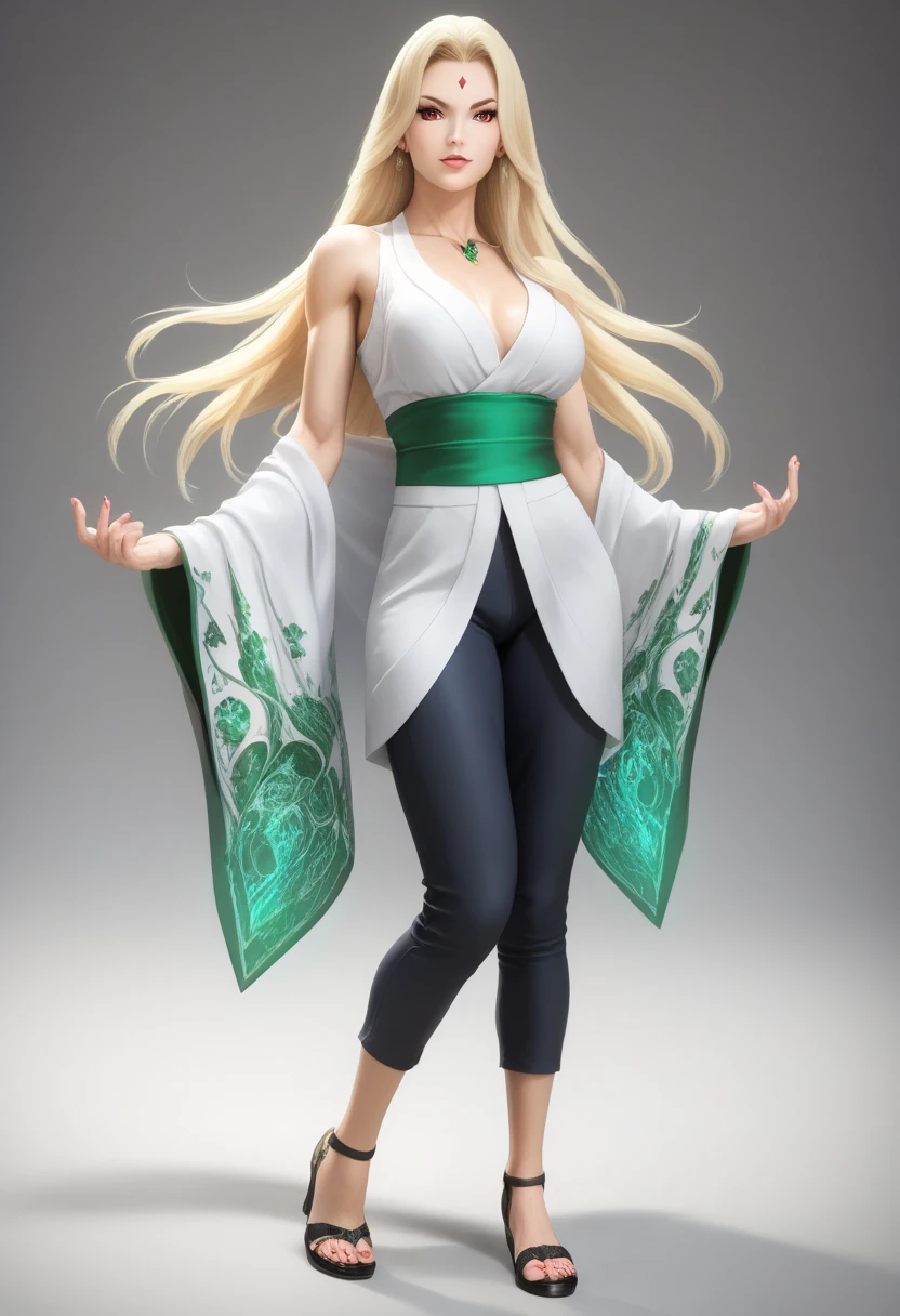 ((SFW, G, PG)), ((No NSFW)), ((No nude)), ((No explicit content)), ((Family-friendly)), ((Red Tot Bod Dist 80%)), ((Full-body, sgl char)) ((Inspired by Tsunade Senju, hyper-realistic, cinematic light, dramatic rim light)) ((Flowing white kimono, emerald green haori, intricate obi)) ((Long, flowing blonde hair with loose strands framing her face, naturally parted)) ((Sharp, intelligent almond-shaped eyes with a wise, determined gaze)) ((Delicate, confident facial features with high cheekbones and a softly defined jawline)) ((Athletic yet feminine physique, toned arms and legs)) ((Smooth, flawless skin with a radiant glow)) ((Black obi securely tied, adorned with a delicate clasp)) ((Fitted black pants, visible Jika Tabi with durable Waraji sandals)) ((Subtly defined muscles, graceful posture)) ((Red diamond mark on forehead, symbolizing heritage and power)) ((Natural, dewy makeup, emphasizing her eyes)) ((Realistic hair texture, soft reflections)) ((Expressive eyes, full of wisdom and strength)) ((Softly lit facial features, highlighting her beauty)) ((Toned, athletic physique)) ((Healthy, radiant skin)) ((Elegant, detailed accessories)) ((Long emerald green haori, flowing gracefully off the body, loose in the wind, enhancing the figure with a touch of majesty and freedom)) (Every detail rendered with stunning realism) (Subtle nuances in facial expressions) (Flawless white kimono, emerald green haori) (Strong, determined jawline) (Digital painting, ultra-realism, cinematic lighting) (Serene expression, soft focus, anime style, vibrant colors) (Dynamic pose, chakra energy, expressive eyes) (3D rendering, realistic materials, advanced skin texture) (Soft ambient lighting, realistic appearance, advanced shading) (Macro masterpiece, elegant, beauty) (Athletic and feminine physique, strength and grace) (Detailed musculature, soft shadows, comparative realism))(Improved skin texture with subsurface dispersion)) ((Smooth skin texture with moisturizing effect)