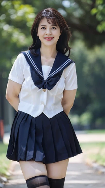 full body shot, from below,  japanese mature,  detailed face , Facial wrinkles, smile,  detailed skin texture ,  white skin, (curvy body, Large Breasts,  plump thighs:1.5), ( school uniform,  sailor suit , JK_style, short-sleeved JK_sailor,  Navy Blue Pleated Miniskirt, earrings,  Necklaces :1.2), (Short socks,  wearing loafers :1.2), ( full body shot from toe to head wearing black high heels,  standing in the park:1.2), ( surrealism, best quality, ultra detailed, absolutely resolution, 8k, anatomically correct), depth of field, looking at viewer, tachi-e, (bimajo ), (And), full body, (from below), model posing