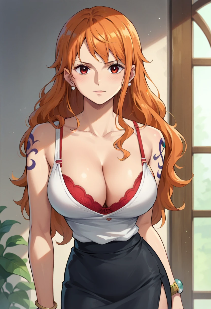 nami_post, orange hair, long hair, wavy hair, side locks, brown eyes, large breasts, shoulder tattoo, groin, bracelet, bangle, white shirt, black pencil skirt, bra peek, CLEAVAGE, red bra, BROWN EYES, brown eyes