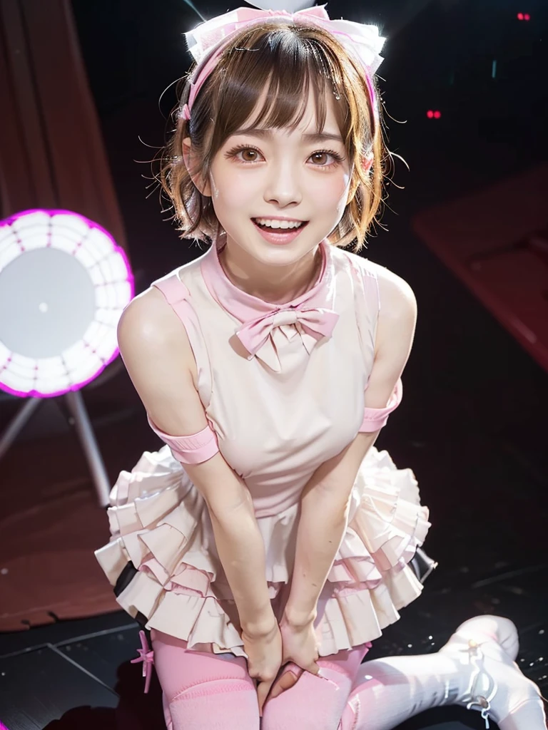 One woman、18-year-old、masterpiece、Highest quality、Ultra-detailed、Japanese、Like an idol、Black Hair、laughter、Short Hair、Clear, natural eyes、round face、Plump face、Very detailed、Beautiful detailed eyes、Beautiful detailed sparkle、Detailed light、Shiny Hair、Random pose、Random Angle、Very detailedな肌、(Curvaceous:1.0)、Headphones、Hip Hop Style、Colorful clothing、Dynamic pose、Slow motion、、(neon_background:1.1)Blur the background、Full Body Shot