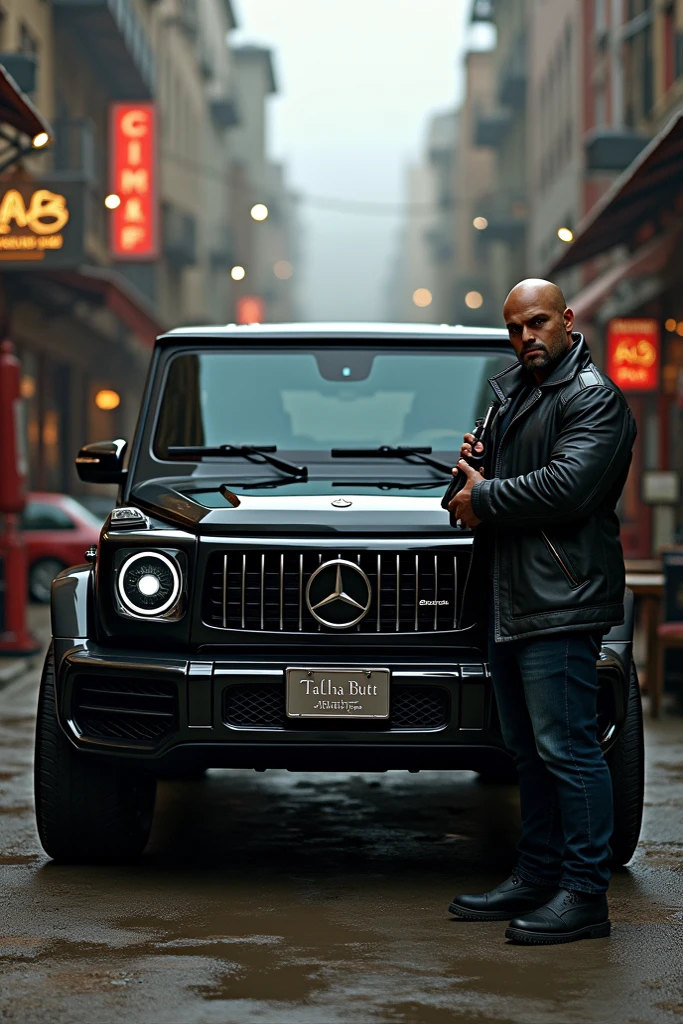 A man with a black moncleor jacket, black jogging pants, black Nike air force and red storm hood and he is shooting with a Glock 19 in the air sitting on the hood of a red Royce Royce at night with red light launchers and red background lighting at a gas station and on the ground is a lot of cannabis 