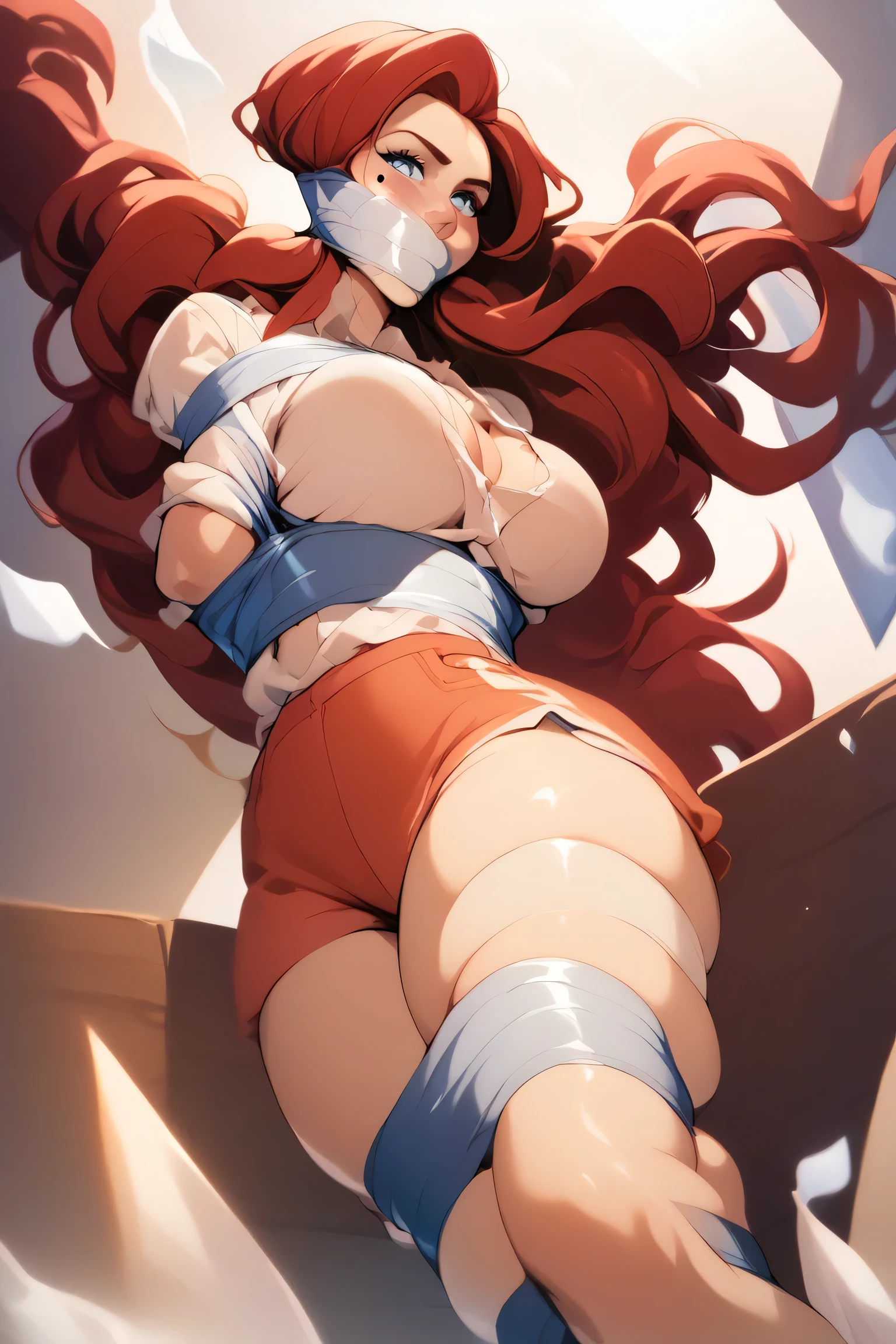 A woman ,she has long, wavy red hair, light blue eyes and a mole on the right below her lips. She's known for her curvaceous figure. She's known for her curvaceous figure, and her most distinctive feature is her very large breasts, which she hangs out of her clothes to reveal quite amply ,she's fully tied up and gagged