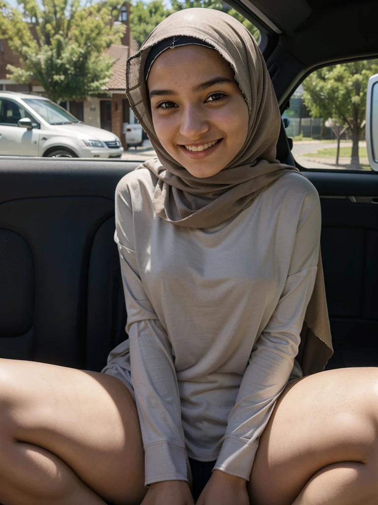 realistic face features, realistic body proportions, 1 girl, cute face, chubby body, black hijab, white shirt, no pants, no underwear, in backseat of car, detailed backseat of car, full body view, ((cumming)), ((cum dripping from vagina)), legs spread