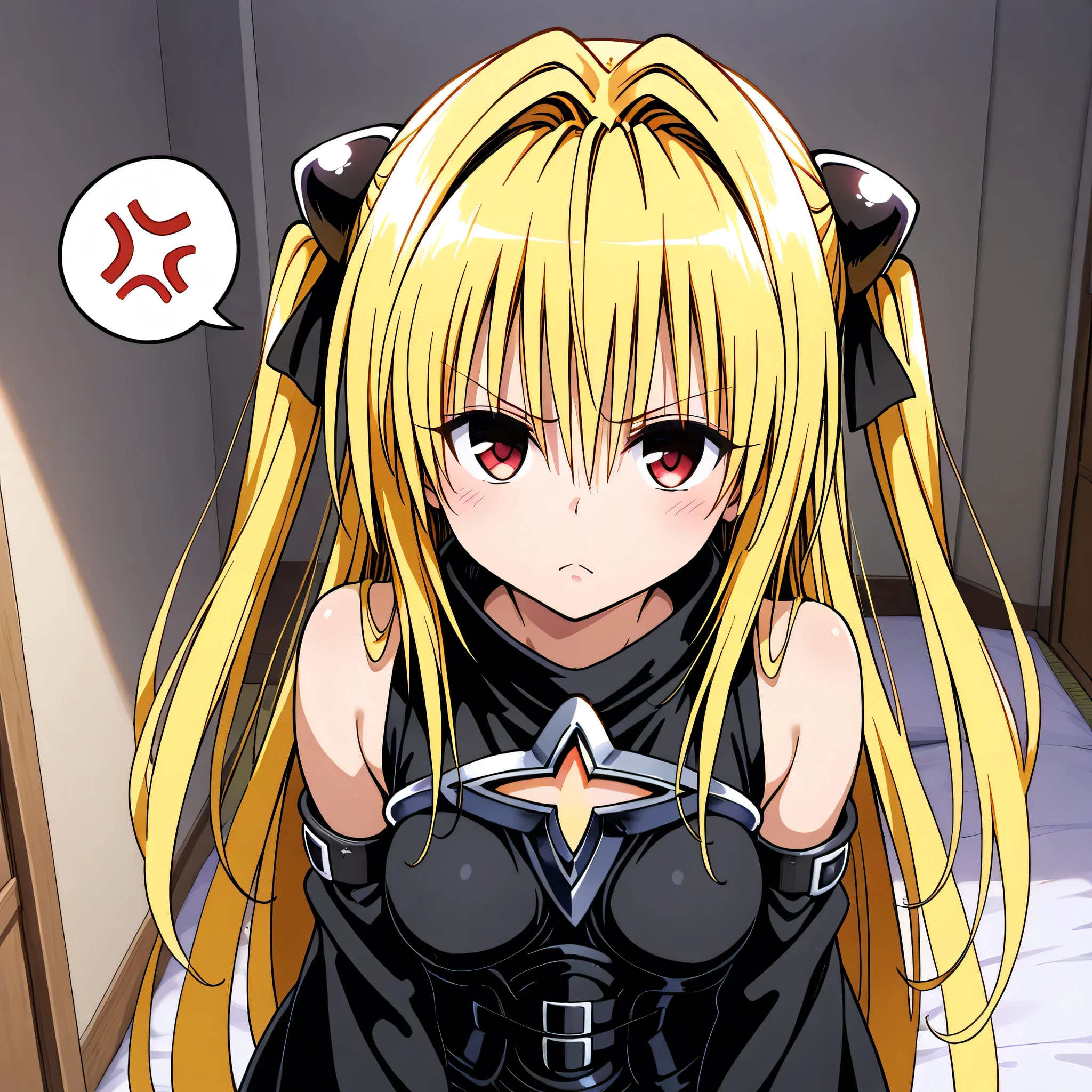 masterpiece,best quality,very aesthetic,absurdres,
1girl, solo, golden darkness, konjiki no yami, To Love Ru, yellow hair color, Twintails, kuudere, Breasts, Frown, POV, Hair Ribbon, icon image, spoken angry