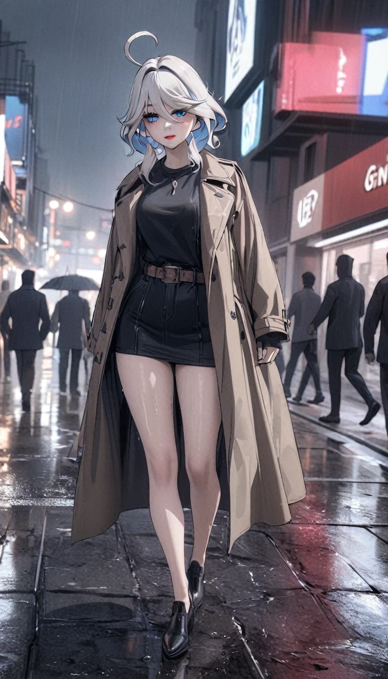 a rainy day, girl wearing a trench coat, wet cloths ,walking in the rain, reflections on wet pavement, city buildings in the background, overcast sky, dramatic lighting, muted color palette, detailed texture on the coat and umbrella, atmospheric mood, cinematic composition, furina \(genshin impact\), heterochromia, best quality, masterpiece), whole body, mature female, unaestheticXL_bp5, (negative_v2 Color_Balance_Calibration:0.8), SimplePositiveXLv2 Street, night , street, best quality, masterpiece), 1women ,4k, 8k, uhd, hdr, detailed background,mature female, makeup, lipstick, red lipstick, whole body,
