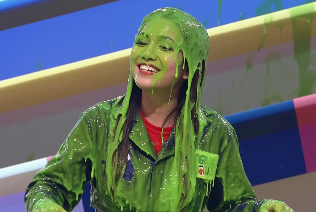 photograph of Korean girl covered in green slime. hyper-realistic style. Long fake eyelashes. Dripping green goo. 8k. Photorealistic. Glistening liquid. Green slime. Raw photo. Instagram influencer makeup. Korean Instagram influencer. Korean model. Korean girl. black eyeshadow.