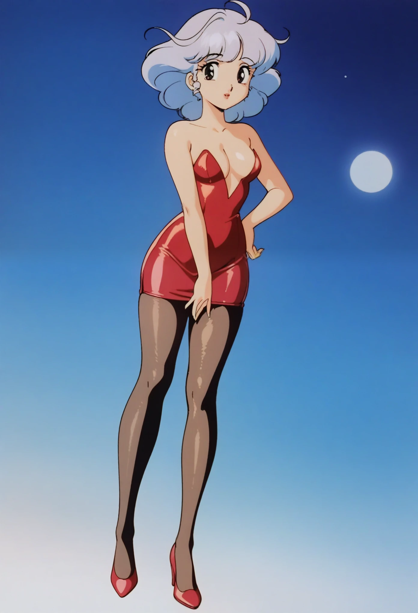 masterpiece, best quality, very aesthetic, absurdres, 1990s \(style\),retro artstyle, 1 girl, 1 lady, solo,pantyhose,short dress no sleeves, dress, low cleavage, skintight, looking at viewer, sensual, sexy, posing, full body, romantic
