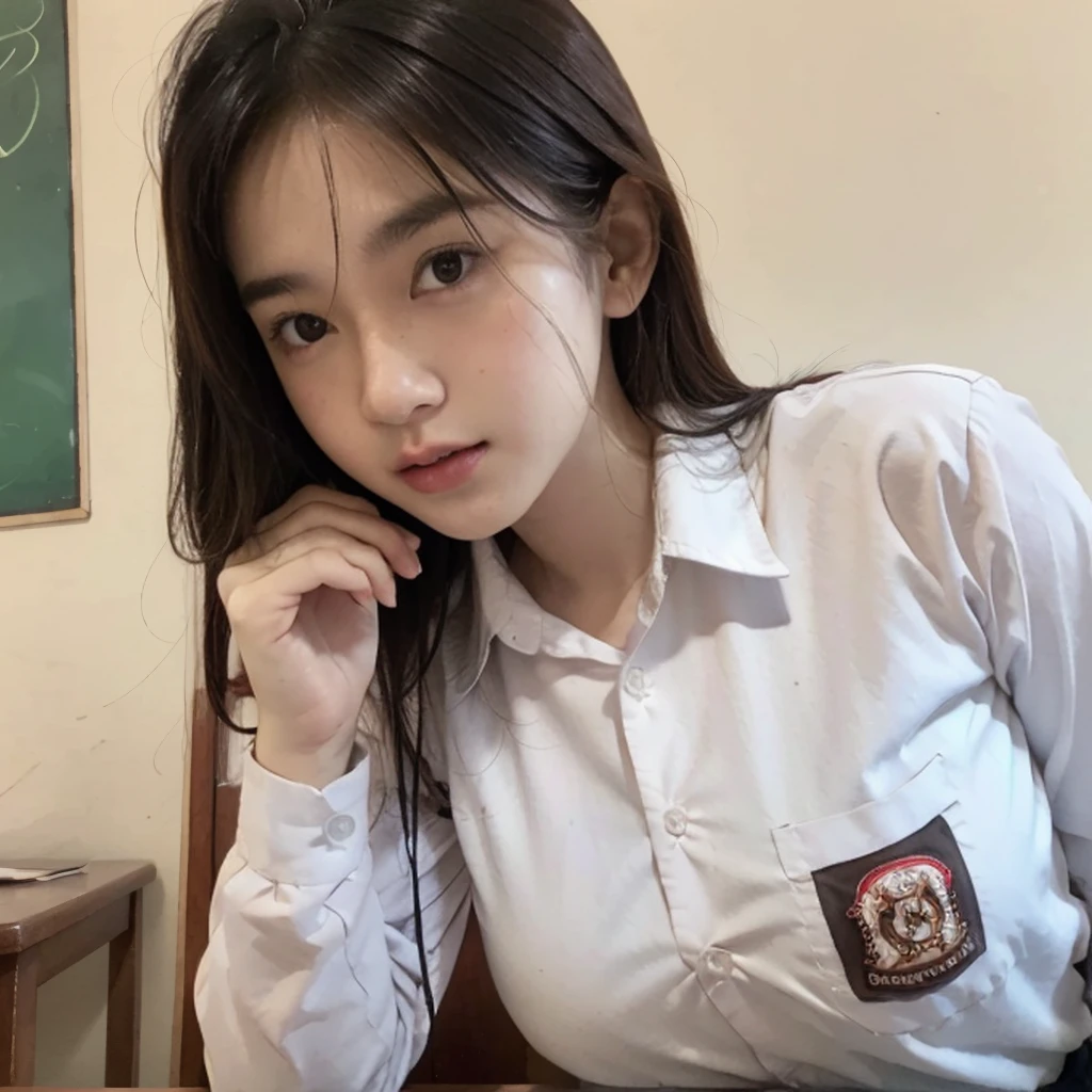 Masterpiece , Beautiful 18 Years Old , Gigantic Large Breast , Cleavage , Sleeveless , ((Wearing High School Uniform)) , High School Skirt , White Sneakers , In Classroom , Take Selfie , ((Centre:1.1)), ((Symetric Picture:1.1)) , ((Blonde Hair:1.1)) , Extremely Detailed , Messy Hair