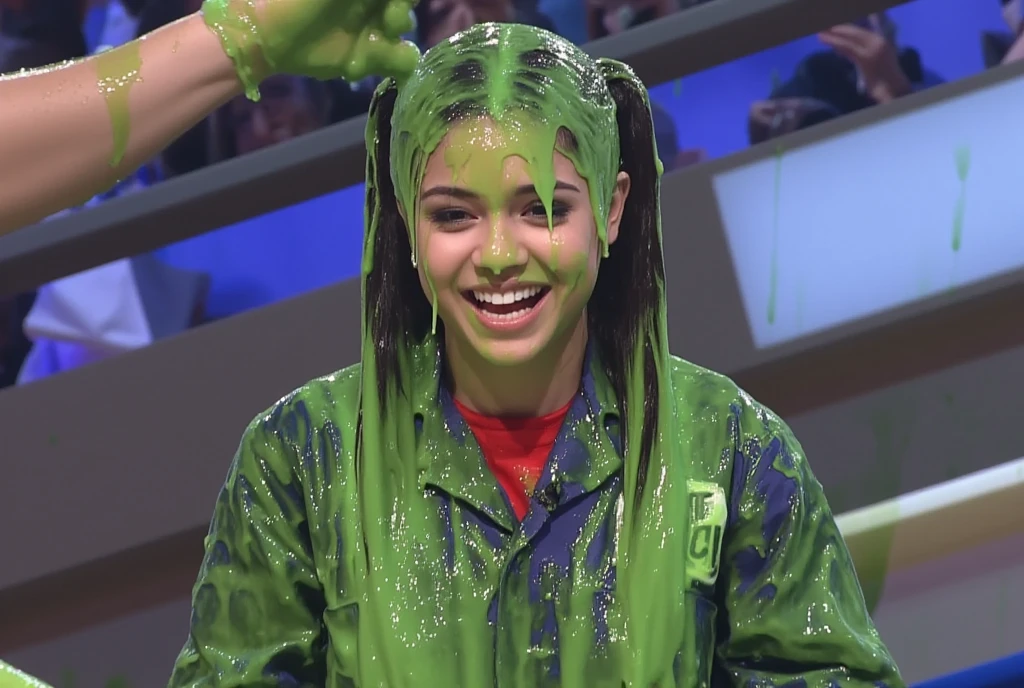 photograph of Korean girl covered in green slime. hyper-realistic style. Long fake eyelashes. Dripping green goo. 8k. Photorealistic. Glistening liquid. Green slime. Raw photo. Instagram influencer makeup. Korean Instagram influencer. Korean model. Korean girl. black eyeshadow. Black hair. Pigtails.