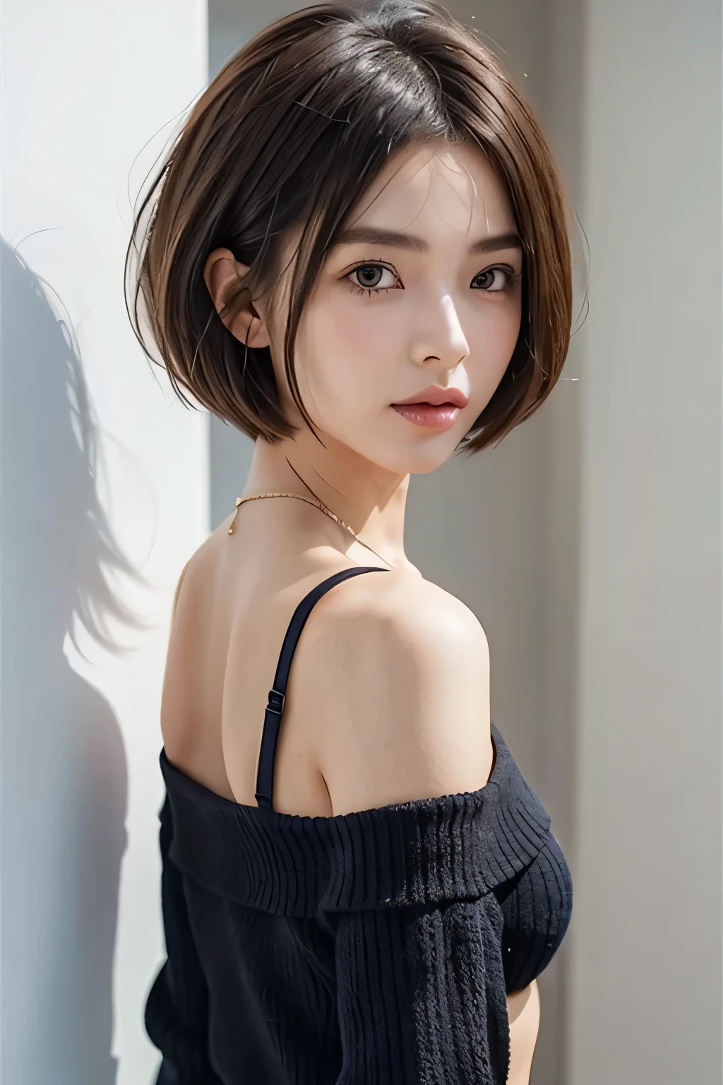((Best quality, 8k, Masterpiece :1.3)), 1girl, Pretty woman with slender abs :1.3, (Medium-short hair, Huge breasts :1.2), Cardigan :1.1, Ultra-detailed face, Detailed eyes, Double eyelid