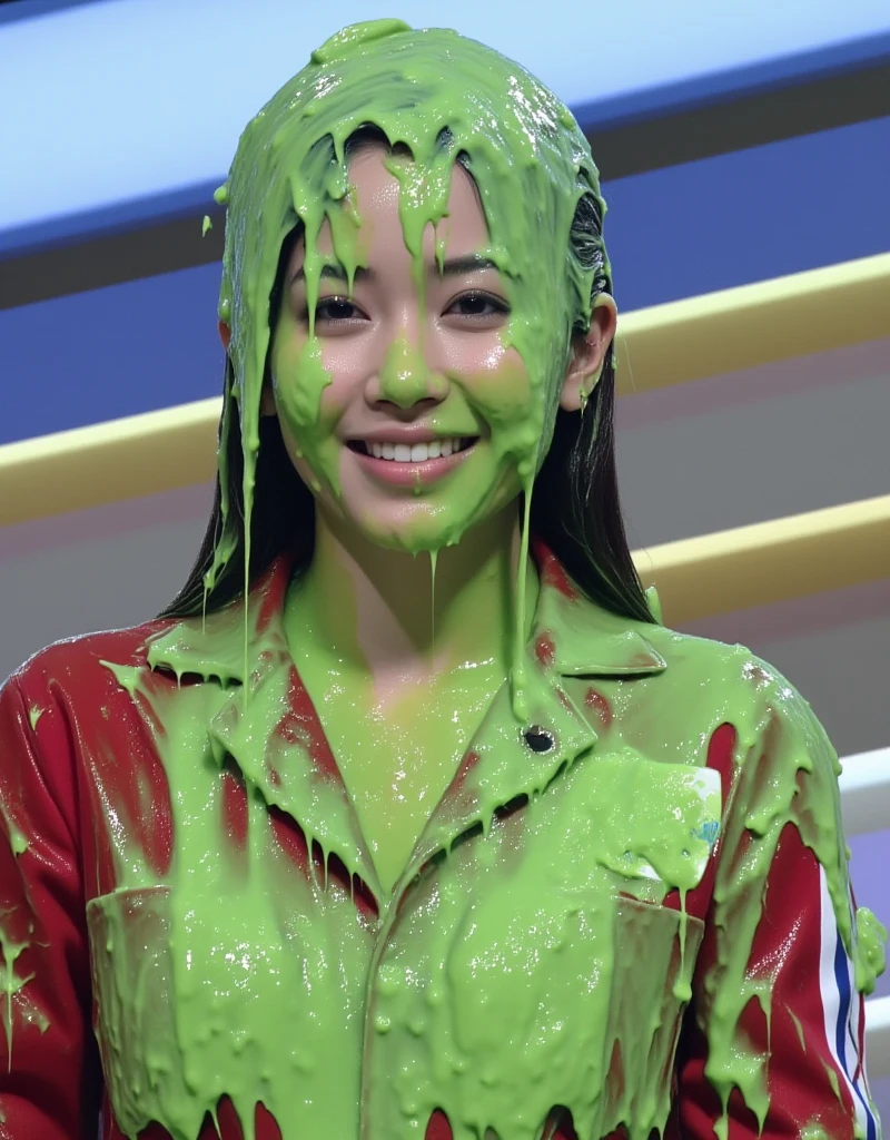 8k, hd, masterpiece, hyper realistic, super detailed, extreme realism, photo realistic, sharp focus, (Canon50: 1.5), (Asian woman sitting: 1.9), 1 woman, catholic school uniform, white button shirt and skirt, (game show set: 1.9), (game show studio: 1.5), trivia game, beautiful face, delicate eyes, cleavage, (wet slime dripping down head: 1.1), wet slime dripping down body, thick eyeliner, long eyelashes