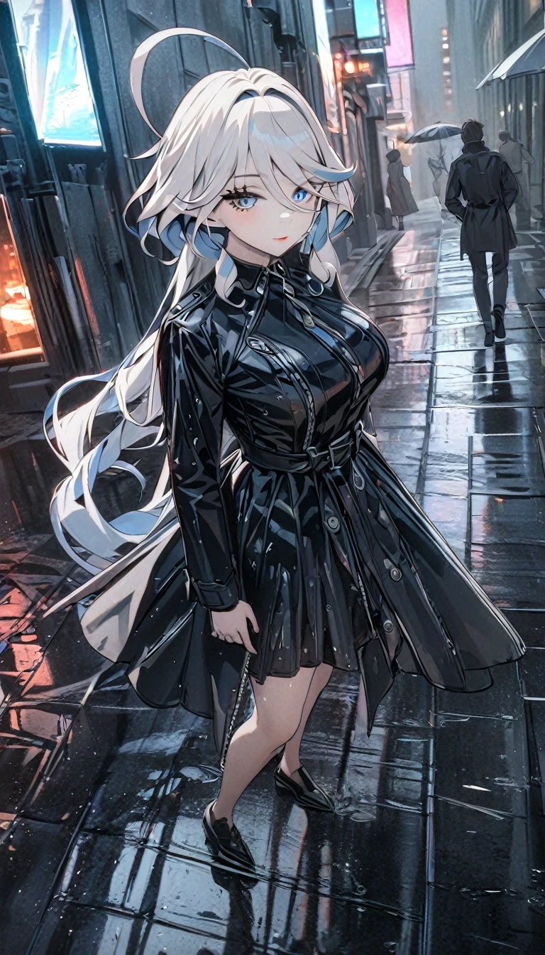 a rainy day, girl wearing a trench coat, pantihose, front view ,wet cloths ,walking in the rain, reflections on wet pavement, city buildings in the background, overcast sky, dramatic lighting, muted color palette, detailed texture on the coat and umbrella, atmospheric mood, cinematic composition, furina \(genshin impact\), heterochromia, best quality, masterpiece), whole body, mature female, unaestheticXL_bp5, (negative_v2 Color_Balance_Calibration:0.8), SimplePositiveXLv2 Street, night , street, best quality, masterpiece), 1women ,4k, 8k, uhd, hdr, detailed background,mature female, makeup, lipstick, red lipstick, whole body,
