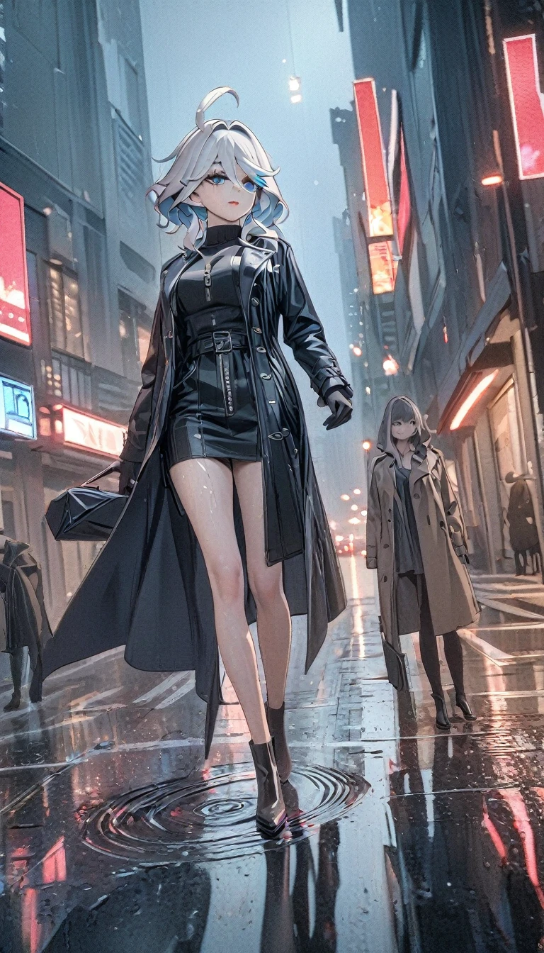 a rainy day, girl wearing a trench coat, pantihose, front view ,wet cloths ,walking in the rain, reflections on wet pavement, city buildings in the background, overcast sky, dramatic lighting, muted color palette, detailed texture on the coat and umbrella, atmospheric mood, cinematic composition, furina \(genshin impact\), heterochromia, best quality, masterpiece), whole body, mature female, unaestheticXL_bp5, (negative_v2 Color_Balance_Calibration:0.8), SimplePositiveXLv2 Street, night , street, best quality, masterpiece), 1women ,4k, 8k, uhd, hdr, detailed background,mature female, makeup, lipstick, red lipstick, whole body,
