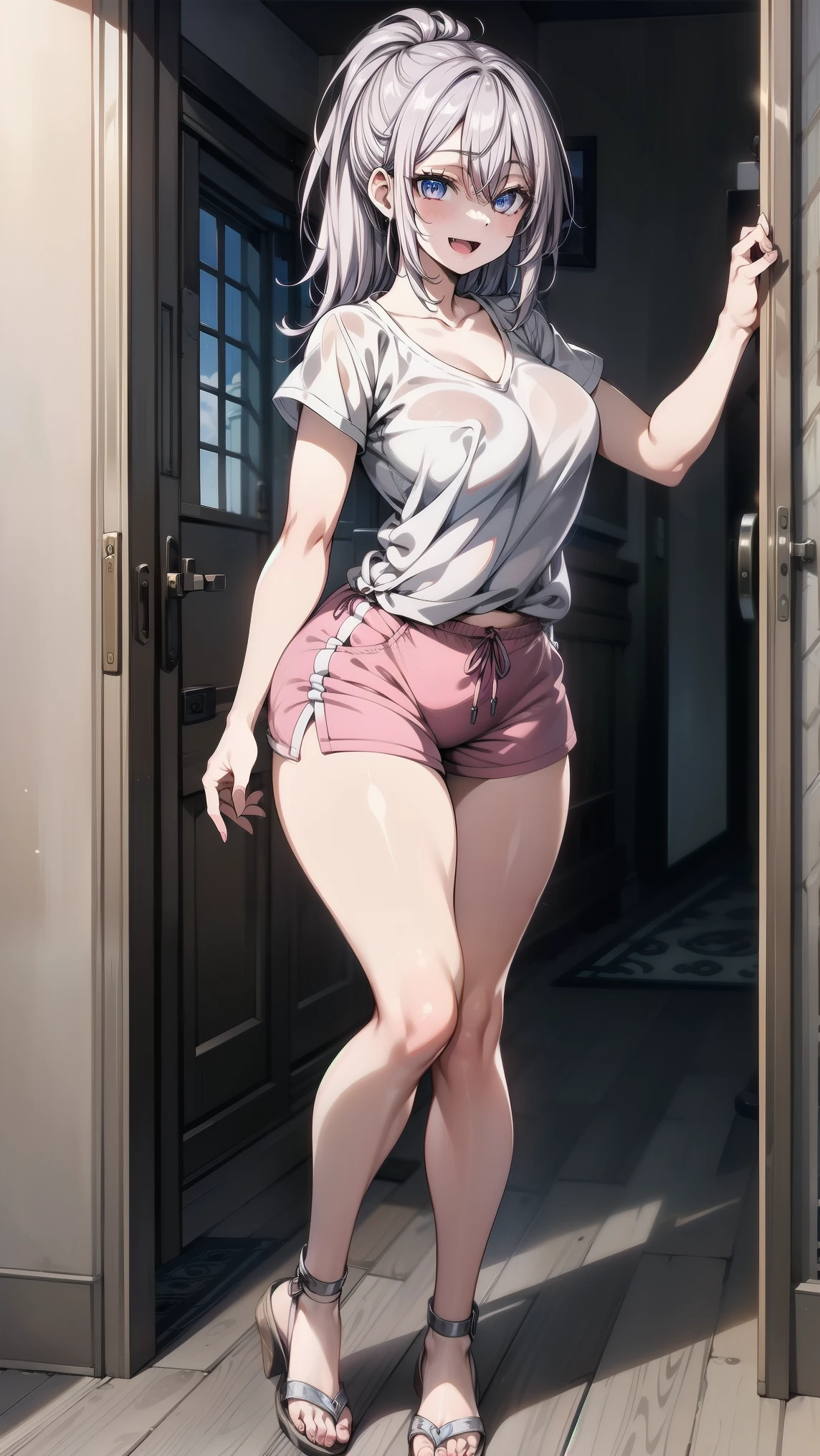 woman，Standing pose with full body，Exaggerated Action，White underwear，White tong，White short hair，Pale skin、Pale skin、 detailed脸，Fewer decorations，Multiple expressions，Very detailed，White transparent underwear，White transparent underwear，Perfect body，Big boobs、prettyeyes，Random Hairstyle，较Big boobs，Full view，Color All，Eye detail enhancement，Volume View，White sandals， Uniformity，Meiji、End of breast，Meiji、End of breast，End of breast，terminal、beautiful女人，Natural conditions，Perfect hands、Maximum resolution、quality、Maximum resolution、quality、（masterpiece）、The face is particularly detailed、The original person、完美而beautiful照明、Best colorful、beautiful、detailed、Ultra-high resolution、Lots of natural light and optimal color tones、In-depth characterization（quality、Extremely fine details：1.4）