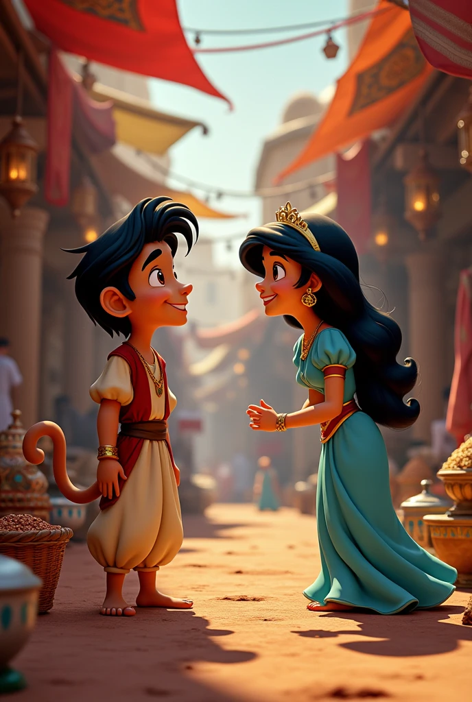 Disney princesses Jasmine and Aladdin playing