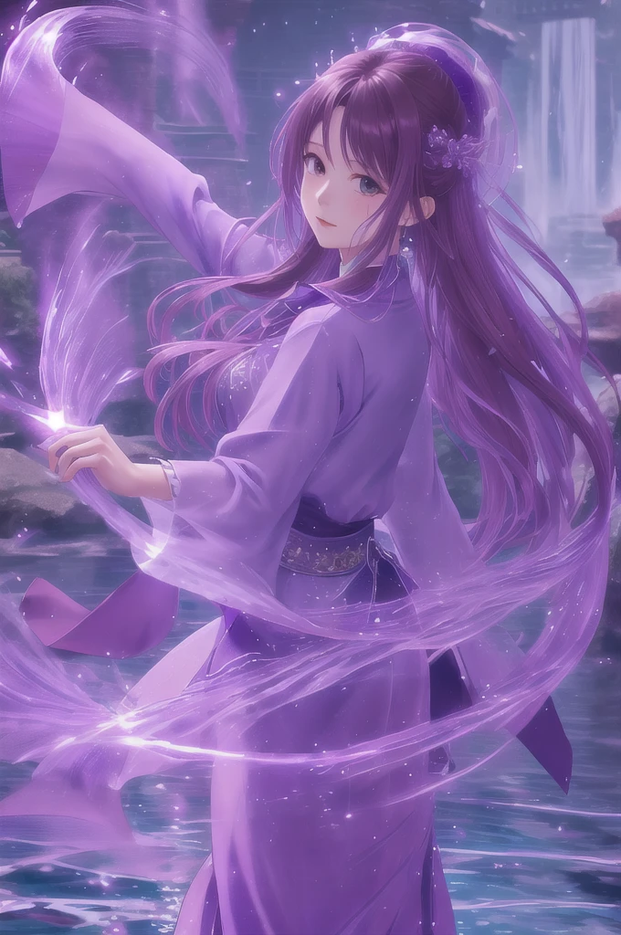 purple-water-aura,using purple-water-magic,purple-water-magic,ancient-costume,dancing,fighting stance,1girl,solo,long hair,brown hair,