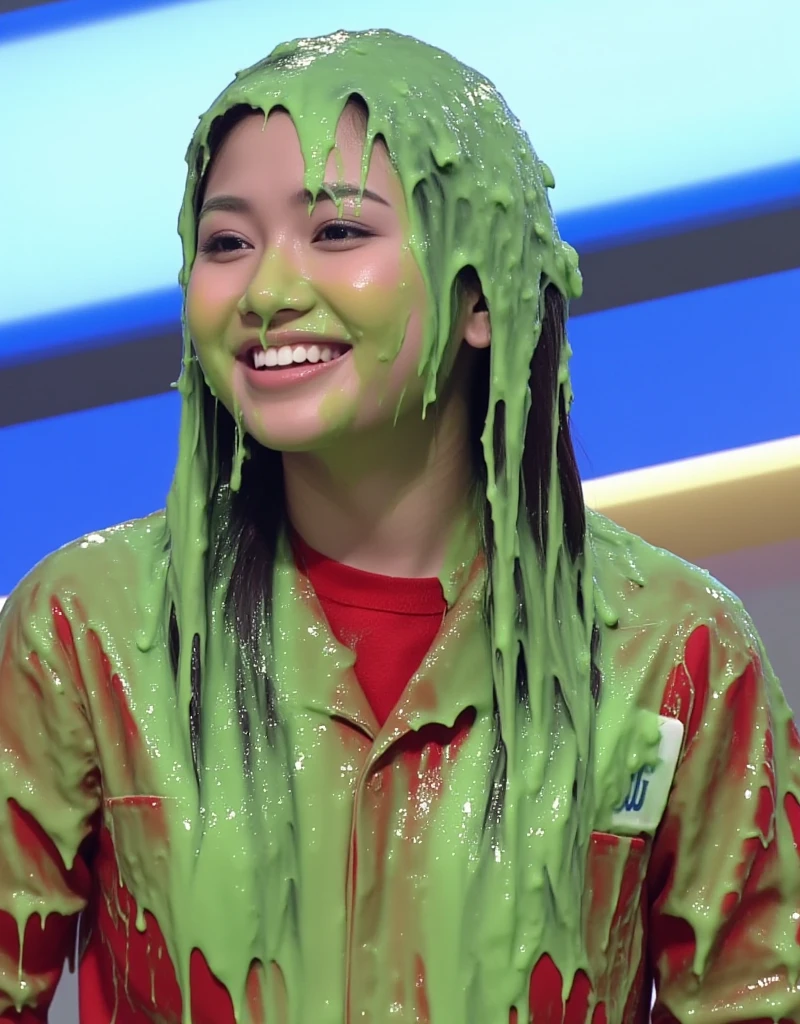 (raw photo:1.2), (photorealistic:1.4), beautiful detailed woman, super detailed, high resolution, best quality, natural skin, beautiful face, delicate eyes, she is covered in dripping slime, extreme realism, portrait photograph, sharp focus, inside game show studio, slime