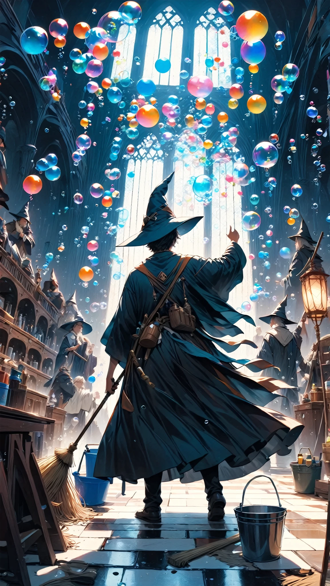 score_9, score_8_up, score_7_up, score_6_up, masterpiece, best quality, 4k, high res, extreme wide shot, a wizard cleaning, wizard \(boy, glasses, robe, wand, pointy hat, determined, sweating\), (bubble:1.5), water bucket, foam, floating mop, floating duster, floating broom,