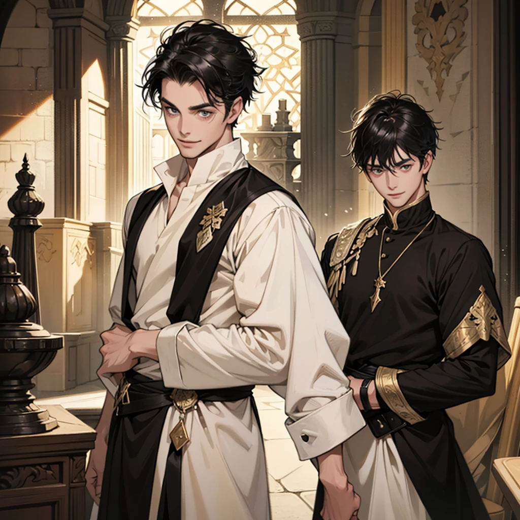 (best quality), 1boy, pale skin, black hair, medium hair, curtain hair, tousled hair, green eyes, perfect eyes, dark circles under eyes, tall, slender, handsome, strong jawline, lazy, light smile, attractive, harem clothes, sherwal pants, bare chest, golden hand cuffs, masterpiece, anatomically correct, highres
