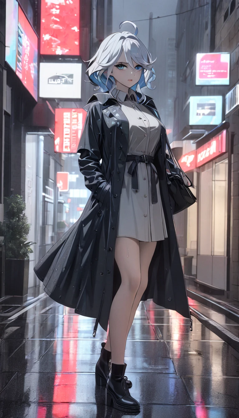 a rainy day, girl wearing a trench coat, pantihose, front view ,wet cloths ,walking in the rain, reflections on wet pavement, city buildings in the background, overcast sky, dramatic lighting, muted color palette, detailed texture on the coat and umbrella, atmospheric mood, cinematic composition, furina \(genshin impact\), heterochromia, best quality, masterpiece), whole body, mature female, unaestheticXL_bp5, (negative_v2 Color_Balance_Calibration:0.8), SimplePositiveXLv2 Street, night , street, best quality, masterpiece), 1women ,4k, 8k, uhd, hdr, detailed background,mature female, makeup, lipstick, red lipstick, whole body,