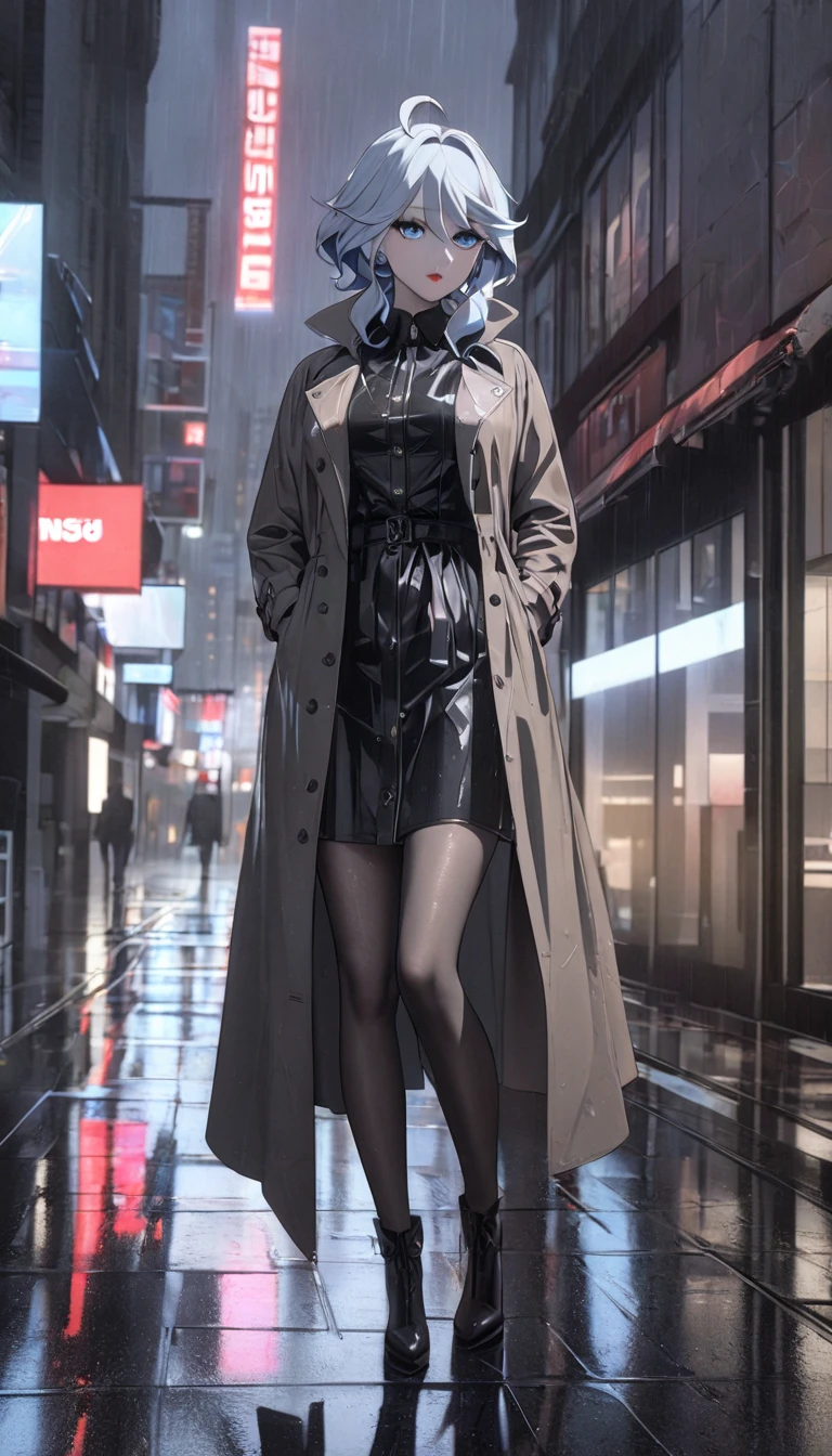 a rainy day, girl wearing a trench coat, pantihose, front view ,wet cloths ,walking in the rain, reflections on wet pavement, city buildings in the background, overcast sky, dramatic lighting, muted color palette, detailed texture on the coat and umbrella, atmospheric mood, cinematic composition, furina \(genshin impact\), heterochromia, best quality, masterpiece), whole body, mature female, unaestheticXL_bp5, (negative_v2 Color_Balance_Calibration:0.8), SimplePositiveXLv2 Street, night , street, best quality, masterpiece), 1women ,4k, 8k, uhd, hdr, detailed background,mature female, makeup, lipstick, red lipstick, whole body,