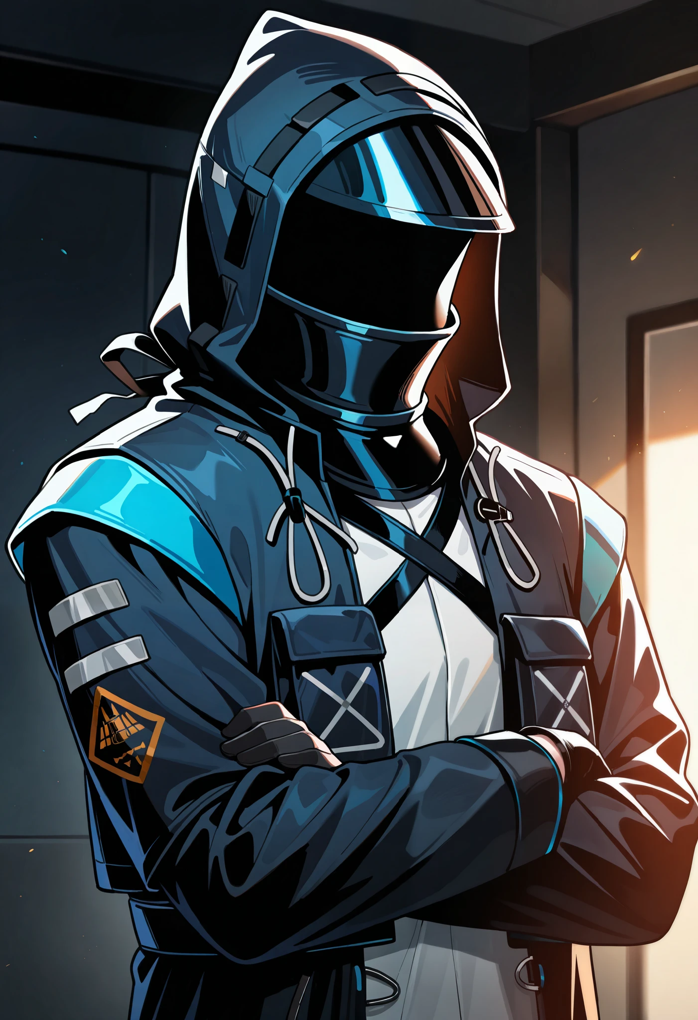 1other, doctor\(arknights\), arknights, solo, upper body, broad shoulders, jacket, crossed arms, serious, dark room, bloom, masterpiece, best quality, very aesthetic, absurdres