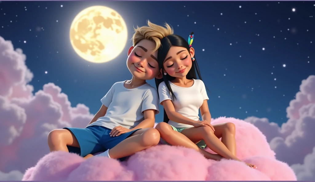 inspired by Disney Pixar's 3D cartoons in high quality and high resolution, create the image of a  boy with blond hair curly on top and cut short on the sides wearing a white t-shirt with no pattern, blue shorts and socks white, he is handsome and is clearly sleeping with his eyes closed, with his head resting on the head of a  Brazilian Indian girl, beautiful, sensual, with a very beautiful body, sassy, ​​daring, She has light brown skin, long straight black hair down to her waist, she wears a colorful feather in her ear as an earring, she wears a tight white t-shirt highlighting her beautiful body, without any print, and shorts. light green pajama style, and white knee socks, she is clearly sleeping, with her eyes closed, with her head resting on the boy's shoulders, they are in a playful environment, which appears to be the sky, they are sitting leaning against head in a cloud pink, as if they were resting sleeping on this cloud, the background is a magnificent landscape of stars and moonlight, a breathtaking landscape