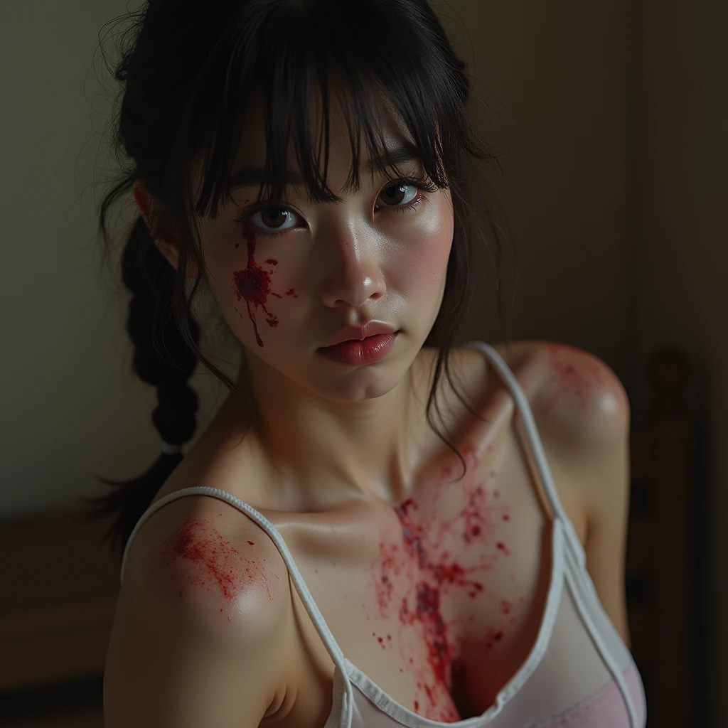 Highest quality, masterpiece, look up, cute,(Horror),(((Beautiful zombie girl))),(Dead),Trying to bite,(((Bleeding,Injured))),(((Shedding tears of blood))),((口からBleeding)),((Covered in blood)),((Bitten all over the body)),((Sexy)),(sexy),((Small breasts)),(Baby Face),(Middle school students),Black Hair,Bobcut,(((Masturbation))),(((Blowjob))),(((Sex,sexual behavior))),((semen)),Beautiful Style,((Lower body exposed)),((Pale skin)),(Sensual look),Embarrassed,Sexy表情,Expressions of delight,Crazy Smile,(Ahegao),(Dark atmosphere),(Dark atmosphere,fear),((Dim lighting)),(On the bed)