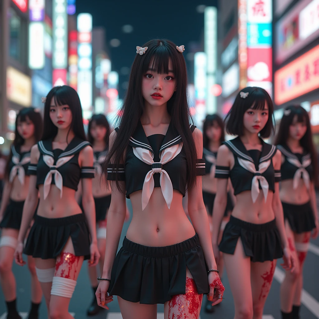 (((SFW, NSFW STILL SHOW, 12 Tiny Girls in a row:1.2, Shibuya Hachiko-mae scramble crossing on Halloween:1.2))), ((masterpiece:1.2, best quality, photorealistic:1.37)), {(Standing Full Body:1.2)|(from below:1.2)}, bandaged full body, { (bandaged head| bandaged limbs | Blood is dripping from the crotch) }, {((naked bandage))|metallic red nipple stickers}, {((bloody))|blood paste|(Blood-stained bandages)}, ((Detailed KAWAII face, Detailed glistening ivory skin)), {Bustling street|Crossroads|(Passerby schoolgirls)| halloween| neon}, {(Childish:1.2|Gigantic Cleavage:1.37|Underboob:1.2)}, {Red leather high collar| random weapons|shotgun|random hair colors}, {Floating hair|Strong wind|(((Ass focus)))}, Skirtlift, {(Kissing face to face)|:p|:d|laugh|sparkle|joyful|delighted|Drunk},extremely Detailed,