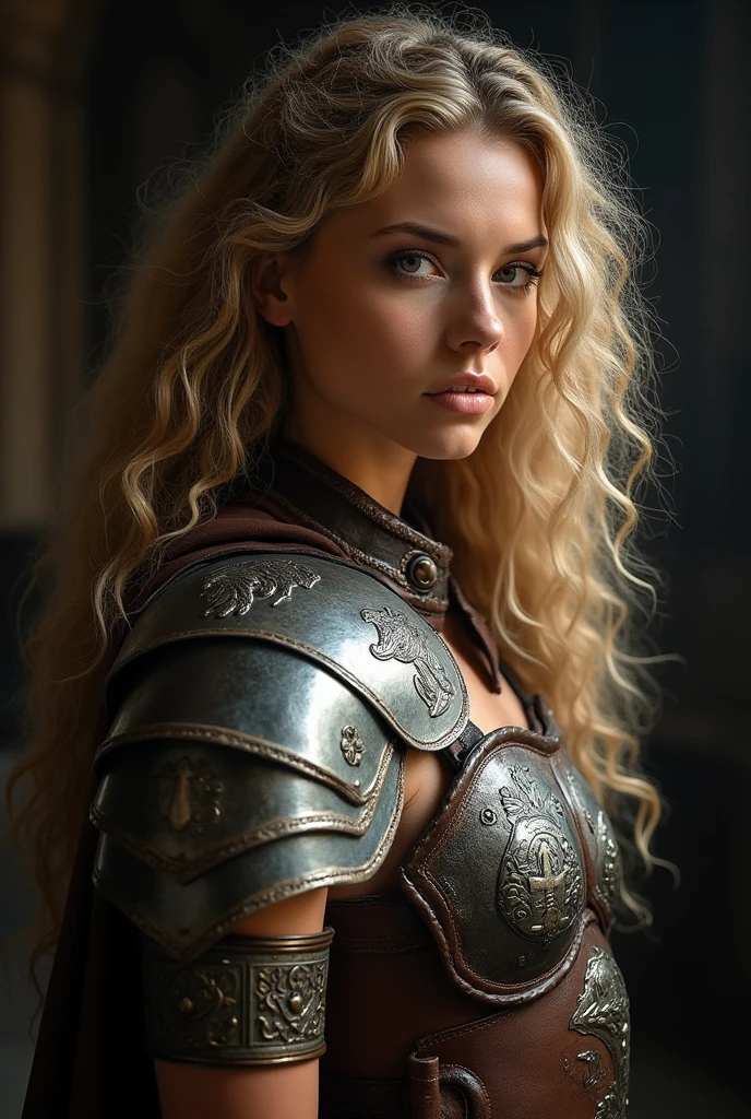 "Immersive portrait of a female warrior with blonde, curly hair - SeaArt AI