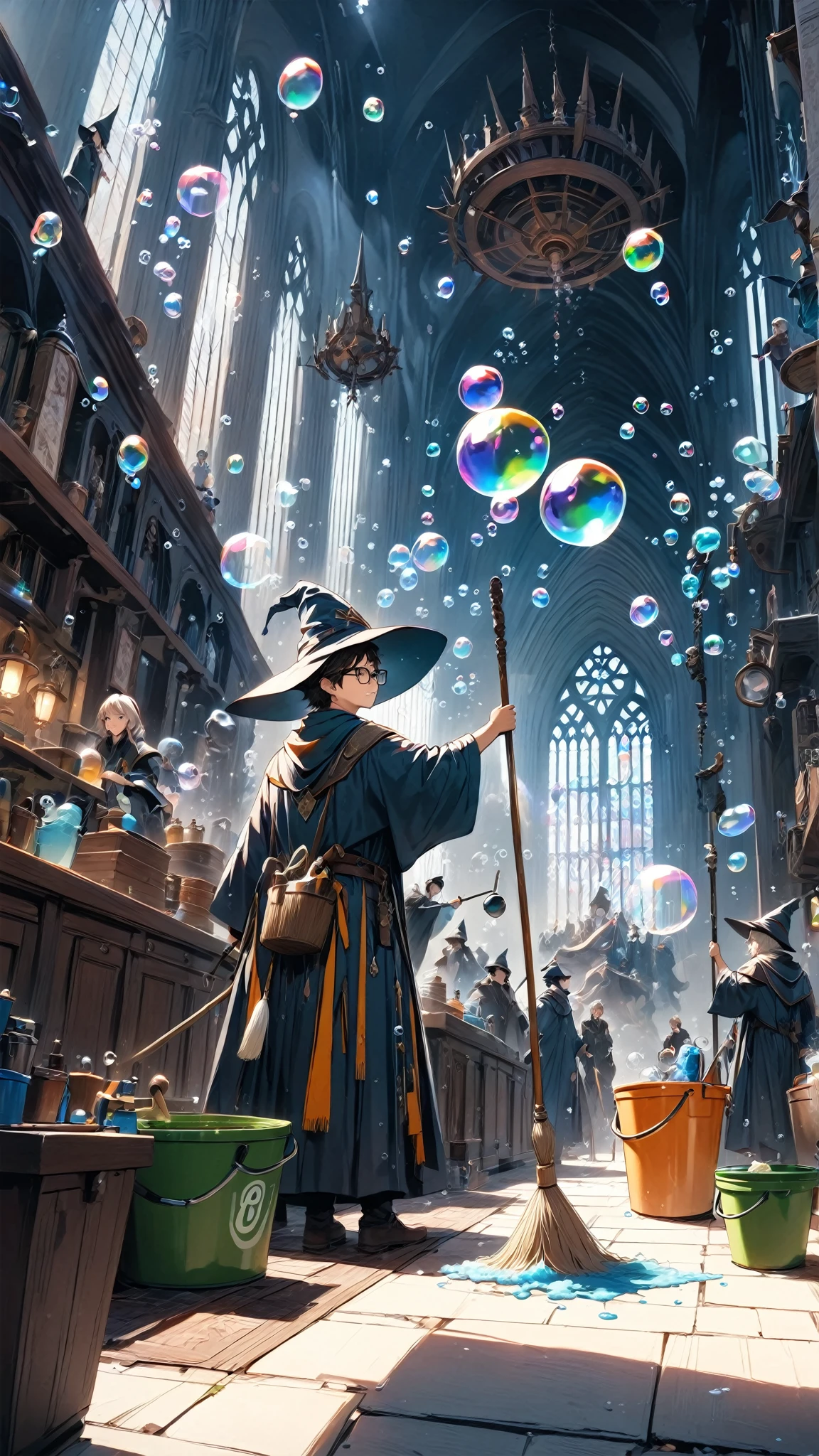 score_9, score_8_up, score_7_up, score_6_up, masterpiece, best quality, 4k, high res, extreme wide shot, a wizard cleaning, wizard \(boy, glasses, robe, wand, pointy hat, determined, sweating\), (bubble:1.5), water bucket, foam, floating mop, floating duster, floating broom,