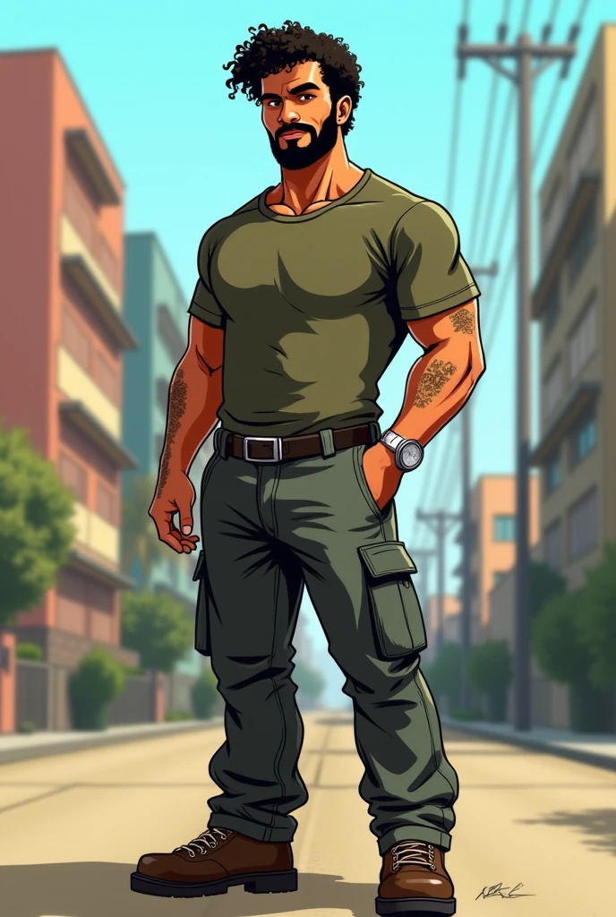 Create a male video game-like character from San Andreas, Latin skin, curly black hair and beard plus cartoon