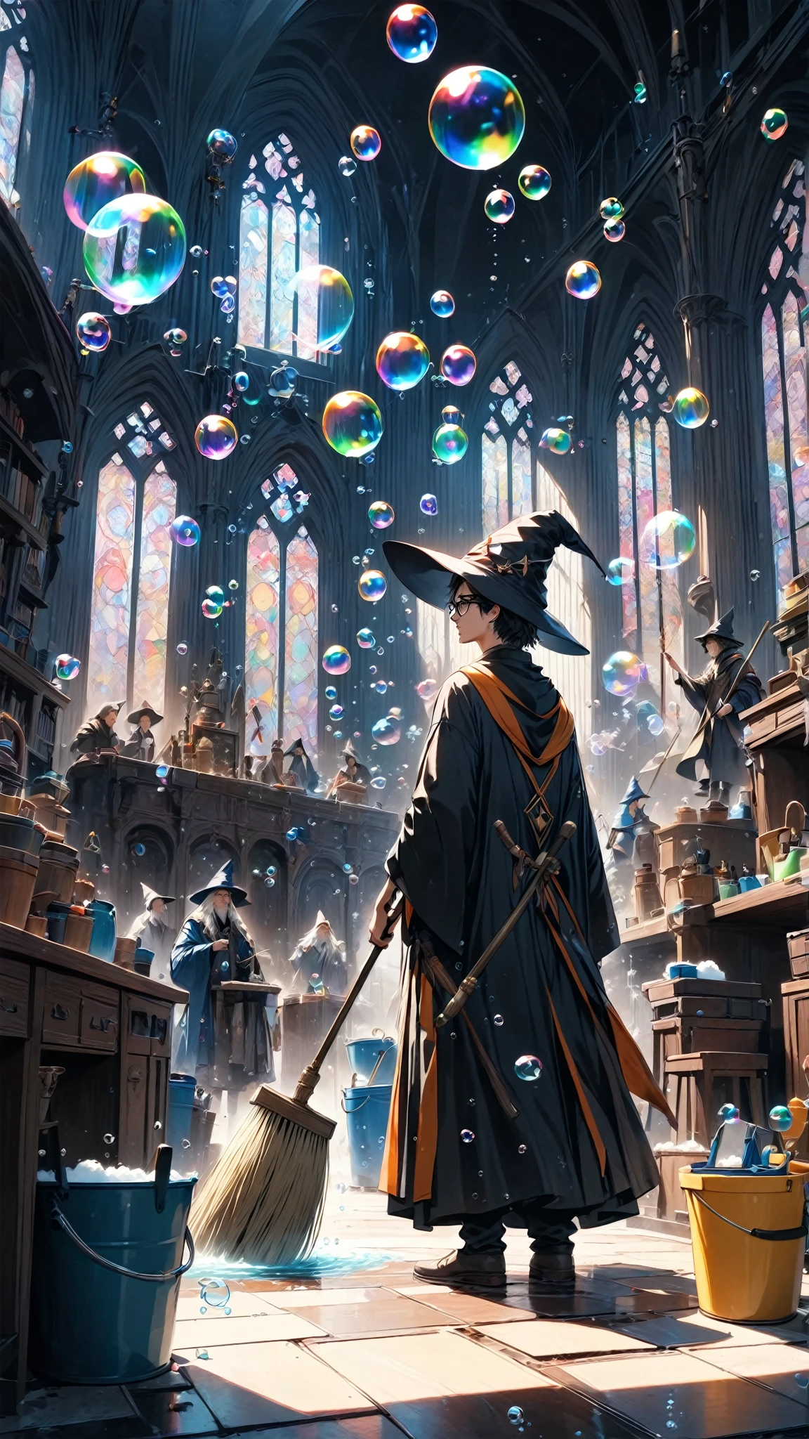 score_9, score_8_up, score_7_up, score_6_up, masterpiece, best quality, 4k, high res, extreme wide shot, a wizard cleaning, wizard \(boy, glasses, robe, wand, pointy hat, determined, sweating\), (bubble:1.5), water bucket, foam, floating mop, floating duster, floating broom,