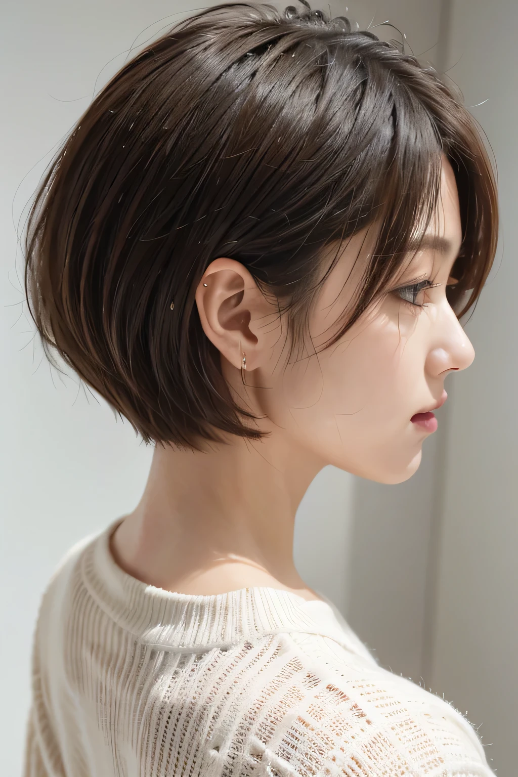 8k、 short bob、 bob hair、 back view、 back shot of one、Focus on hairstyles、White knit、 Long Sleeve 、In front of a white wall