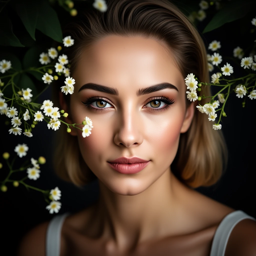 Best quality, 8k, 32k, Masterpiece, UHD:1.1) hyper high quality, hyperdetailed,ultraclear,ultra high quality, Ultradetailed skin,skin pore visiable. This is a high-resolution photograph of a close-up of a woman's face, framed by delicate, white baby's breath flowers. The flowers are scattered around her face, adding a natural and ethereal touch. The woman has a smooth, tanned complexion and full, glossy lips that are a soft pink shade. Her eyes are almond-shaped, with a light brown iris, and she has thick, dark, well-groomed eyebrows. Her makeup is minimal yet elegant, featuring a natural eye shadow that transitions from light beige to a soft brown, and her eyelashes are long and curled, enhancing her expressive gaze. The skin around her eyes and cheeks is subtly highlighted, giving a radiant glow. The background is dark, allowing the flowers and her face to stand out vividly. The lighting is soft and even, emphasizing the texture and natural beauty of the flowers and her skin. The overall mood of the image is serene and romantic, with a focus on natural beauty and delicate aesthetics.
