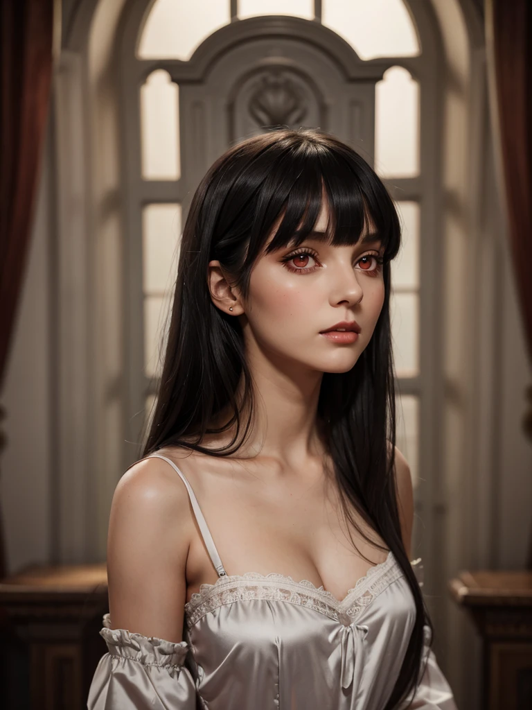 (best quality), 1girl, Female, grey skin, black hair, long hair, blunt bangs, straight hair, red eyes, perfect eyes, vintage nightgown, vampire, normal bust, royalty, serious, masterpiece, anatomically correct, highres
