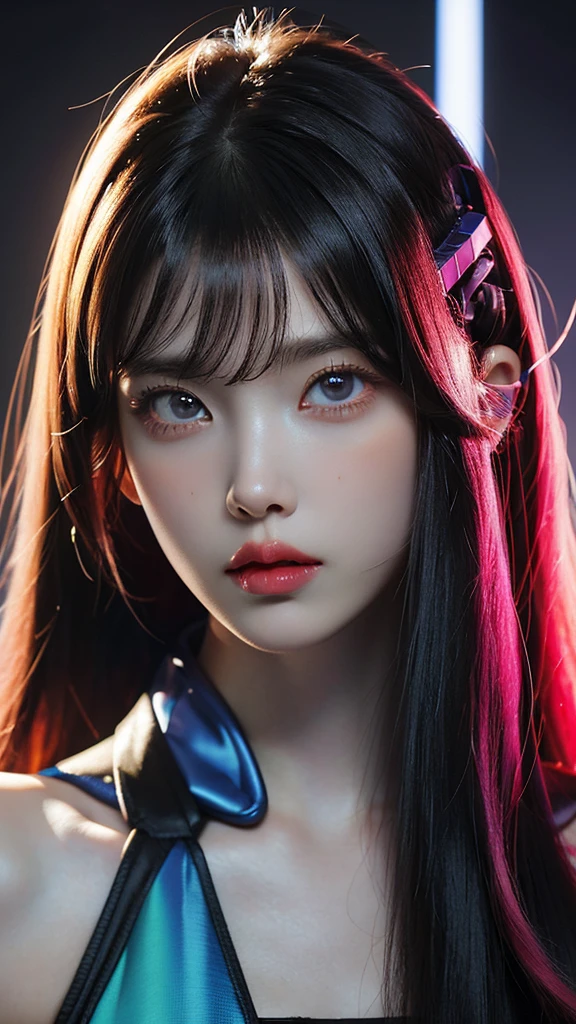 (masterpiece, highest quality, highest quality, Official Art, beautifully, aesthetic:1.2), Staring at the viewer, Portrait Photography, (Cyberpunk beautiful girl 1 person), Big iridescent eyes, Beautiful skin, (Pink and blue long hair with bangs), Very detailed, (Neon colored fractal art:1.3), Perfect lighting, Sharp focus, High resolution, High resolution, High color rendering, High resolution, Super realistic,