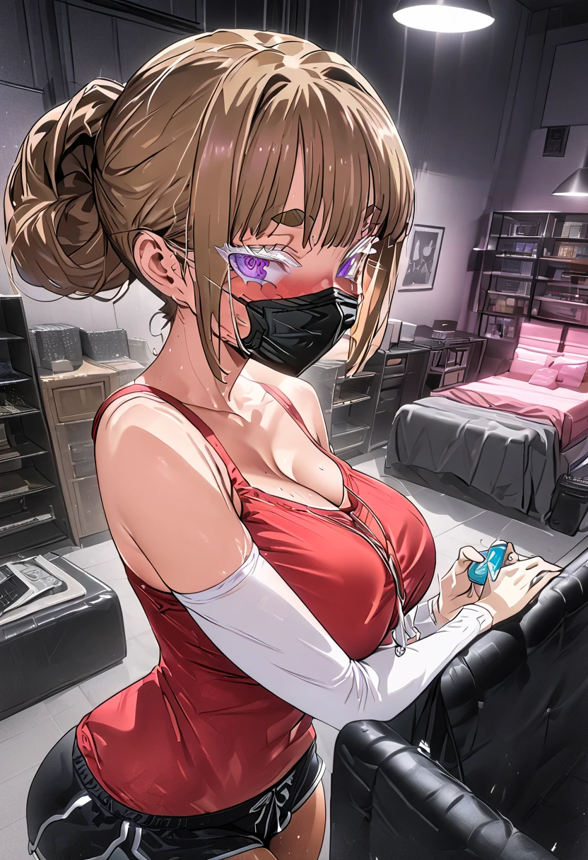 (Masterpiece), 1MILF, Mature female, solo focused, anime style, expressive eyes, with detailed eyes, no mouth, long eyelashes, best quality, 8k, highres, ultra-detailed, studio lighting, vibrant colors, Brown hair, hair bun, pony tail, red camisole, black dolphin shorts, thick eyebrows, white colored eyelashes, thick eyelashes, down blouse, half side profile, pantyhose, worried expression, sweating, holding medication, face mask, N95 Mask, black mask, bedroom background, huge breasts, thick thighs, thigh gap, dimly lit room, couch, bookshelves, TV, ceiling light, carpet floor, pants, luxury decor, armpit 