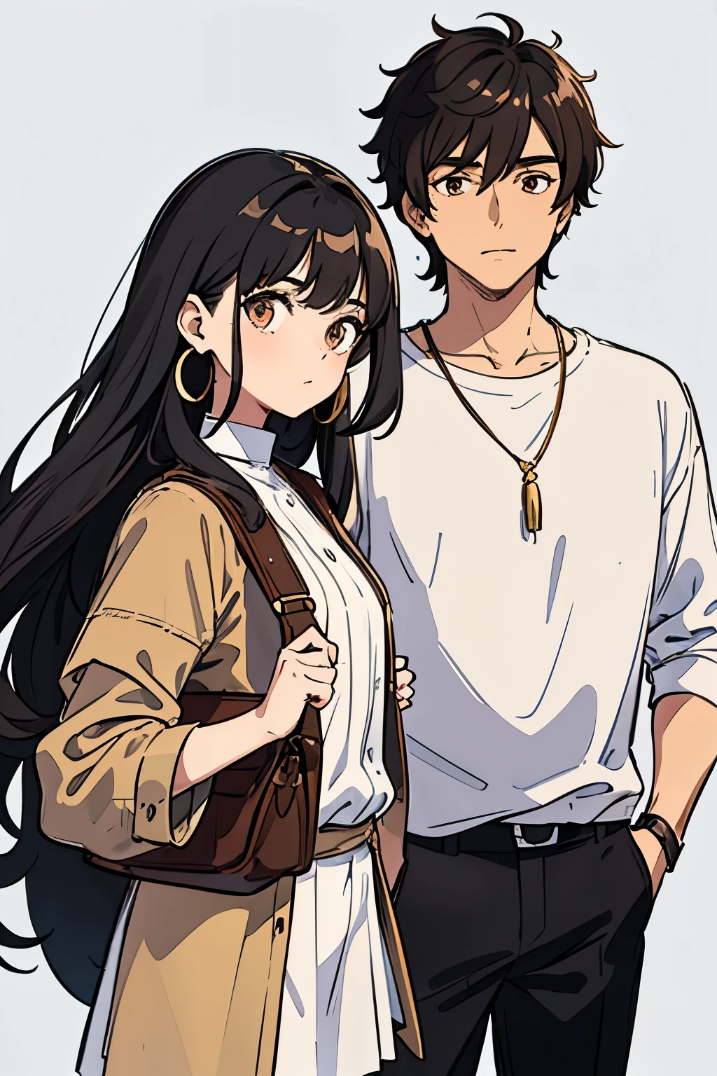 A sketch of a girl with layered long brown ashy hair big eyes  with earrings and a man with layered black hair big eyes clearly best friends staring at eachother like they have a cheeky plan the women had to be shorter than the tall man remember they are best friends and partners in crime with cool shades on the top of their heads 