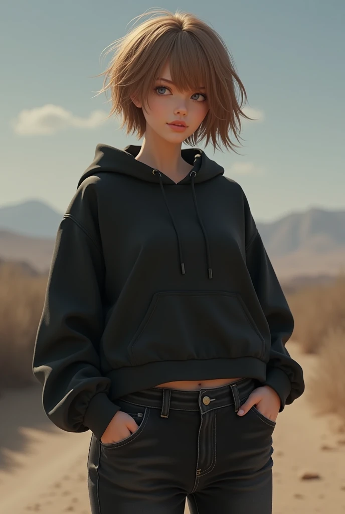 Realistic
ie girl
Wide shoulders
Big thigts
Light brown hair woolfcut
Normal breast
Black jeans
Black hoodie
Far away