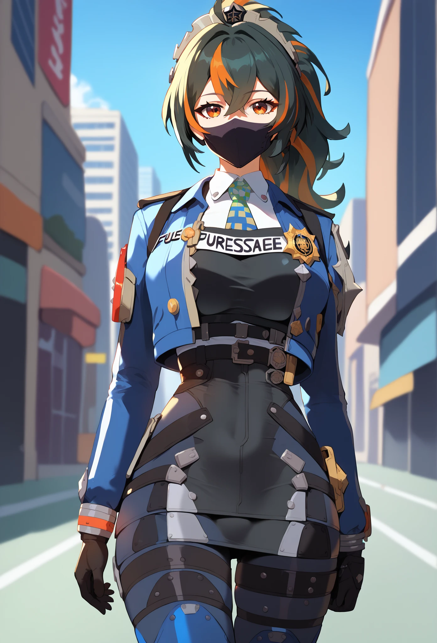 (master piece), (best quality), (8k), (ultra high resolution), (highest quality), (anime style), (best writing), (beautiful face), (masterpiece), (highest quality), (detailed beautiful face and eyes), (textile shading), (cowboy shot), (city), 1girl, solo, zhu yuan, orange eyes, black hair, long hair, streaked hair, ponytail, metal hairband, police uniform, blue jacket, cropped jacket, long sleeves, black vest, two-tone vest, black gloves, green necktie, plaid necktie, black pants, high-waist pants, belt, thigh straps, knee pads, holster, tight pants, blue footwear, beautiful breasts, walking, wear a black mouth mask,