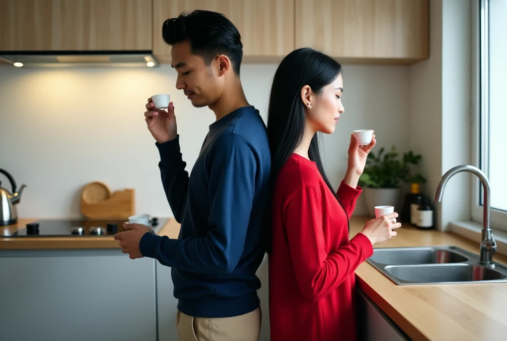 An Indonesian man, 25 years old, with dark hair and clean-shaven, wearing a casual blue sweater and beige pants, stands back to back with a Dutch Indonesian woman of the same age, with long black hair and dressed in a red collarless housedress. They are each holding very small dosing cups, about the size of a bottle cap, with the cups almost touching their lips as they drink. The angle of the shot is at a 3/4 view, showcasing both of them from the front but slightly turned, not from the side. The scene is set in a modern kitchen with sleek countertops, a stainless steel sink, and minimalistic cabinets. Everyday kitchen items such as a cutting board, spices, and a kettle are scattered around. Soft natural light streams in from a nearby window, emphasizing the warm and domestic atmosphere