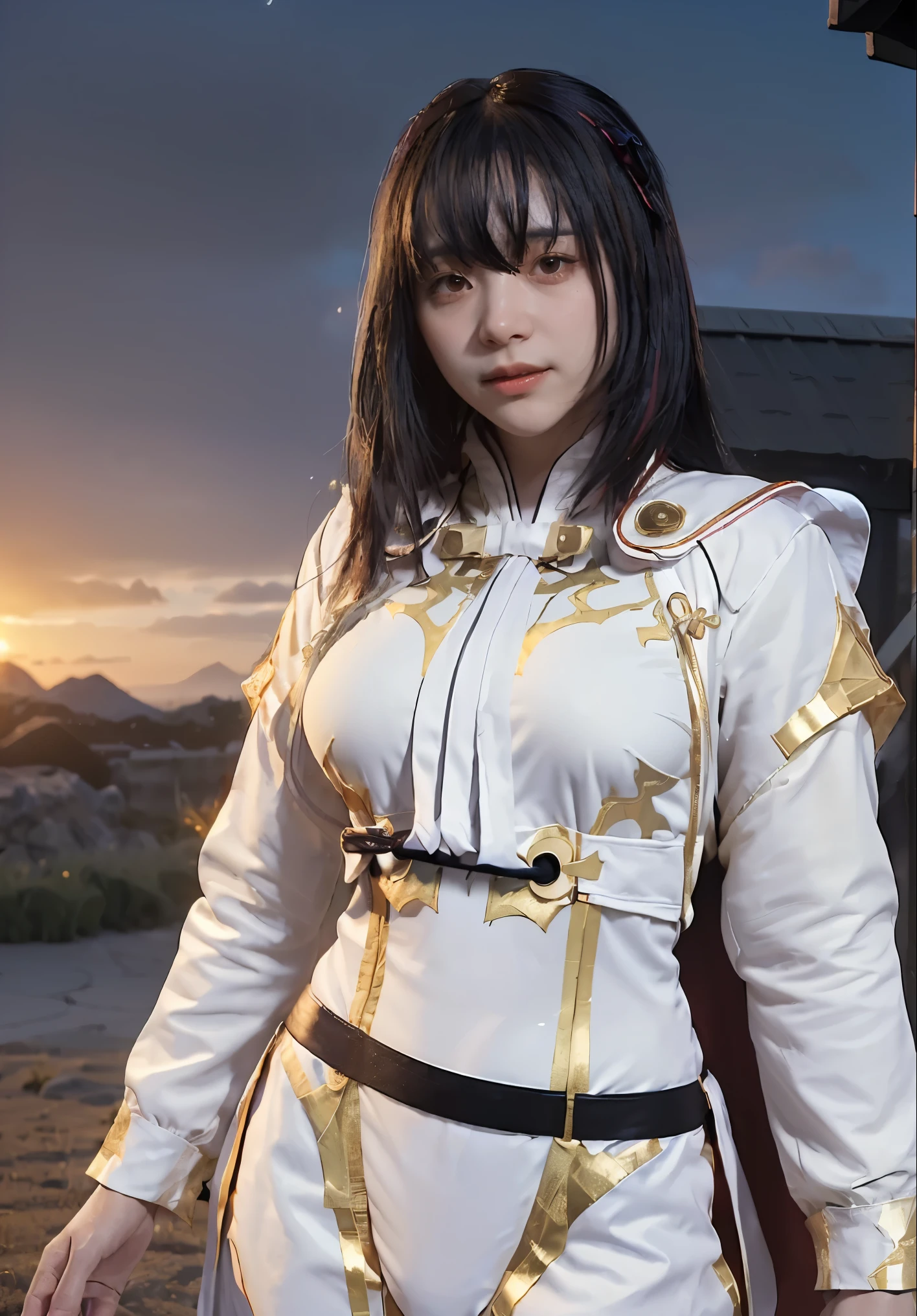 ((masterpiece, best quality, extremely detailed), volumetric lighting, ambient occlusion, colorful, glowing), 1girl, solo, young girl, (dark hair), long hair, ranger suit, hunter class dnd, cloak, (white outfit with gold detailst:1.3), armor, outdoors, sunset, sky, clouds, space, (fantasy theme:1.2),