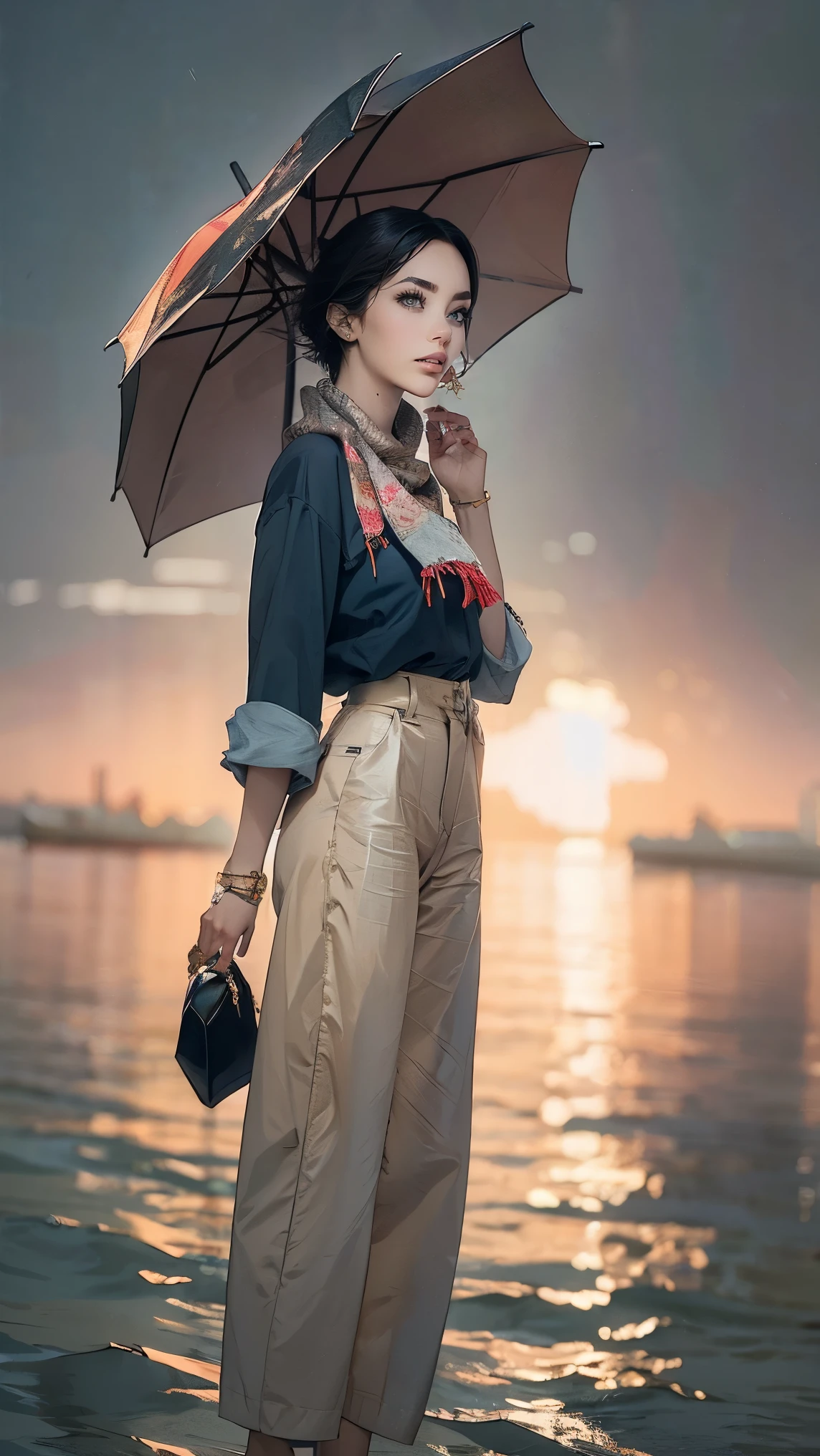 24 year old dark skinned woman、blue eyes、blonde、medium long curly hair、Accessorize your wrist、Scarf Tie Blouse((scarf tie blouse))、loose grey fashionable pants, short hair, at the sea side, sandals, umbrella, rain