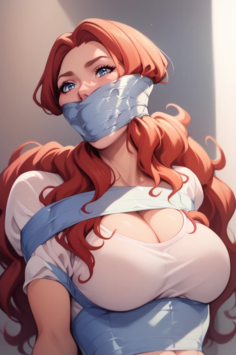 A woman ,she has long, wavy red hair, light blue eyes and a mole on the right below her lips. She's known for her curvaceous figure. She's known for her curvaceous figure, and her most distinctive feature is her very large breasts, which she hangs out of her clothes to reveal quite amply ,she's tied ,her arms are behind her back ,her chest and legs are tied too ,she have tape one her mouth tape gagged ,tape around her chest 